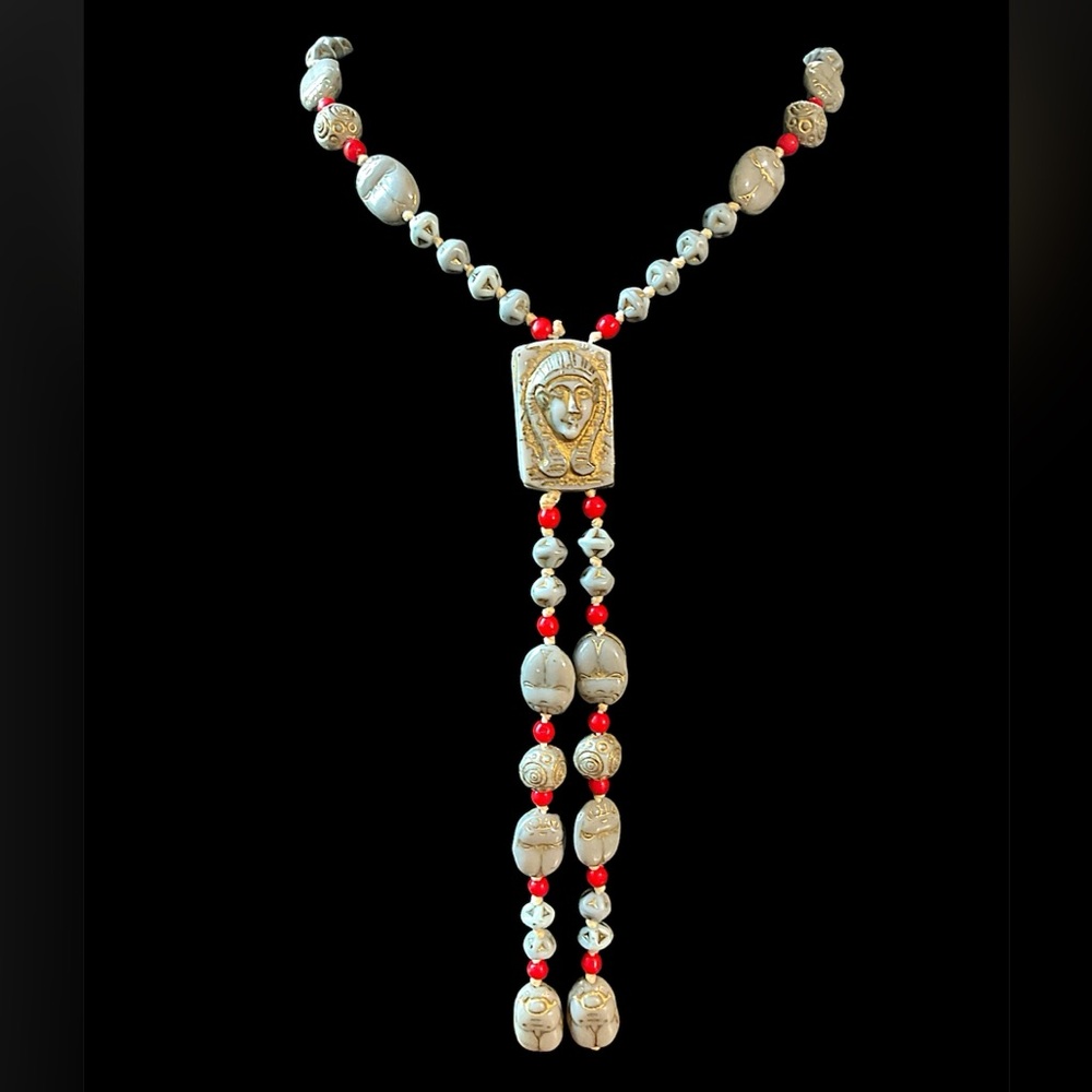 Vintage Egyptian Revival Scarab Beetle Glass Bead Lavaliere Necklace